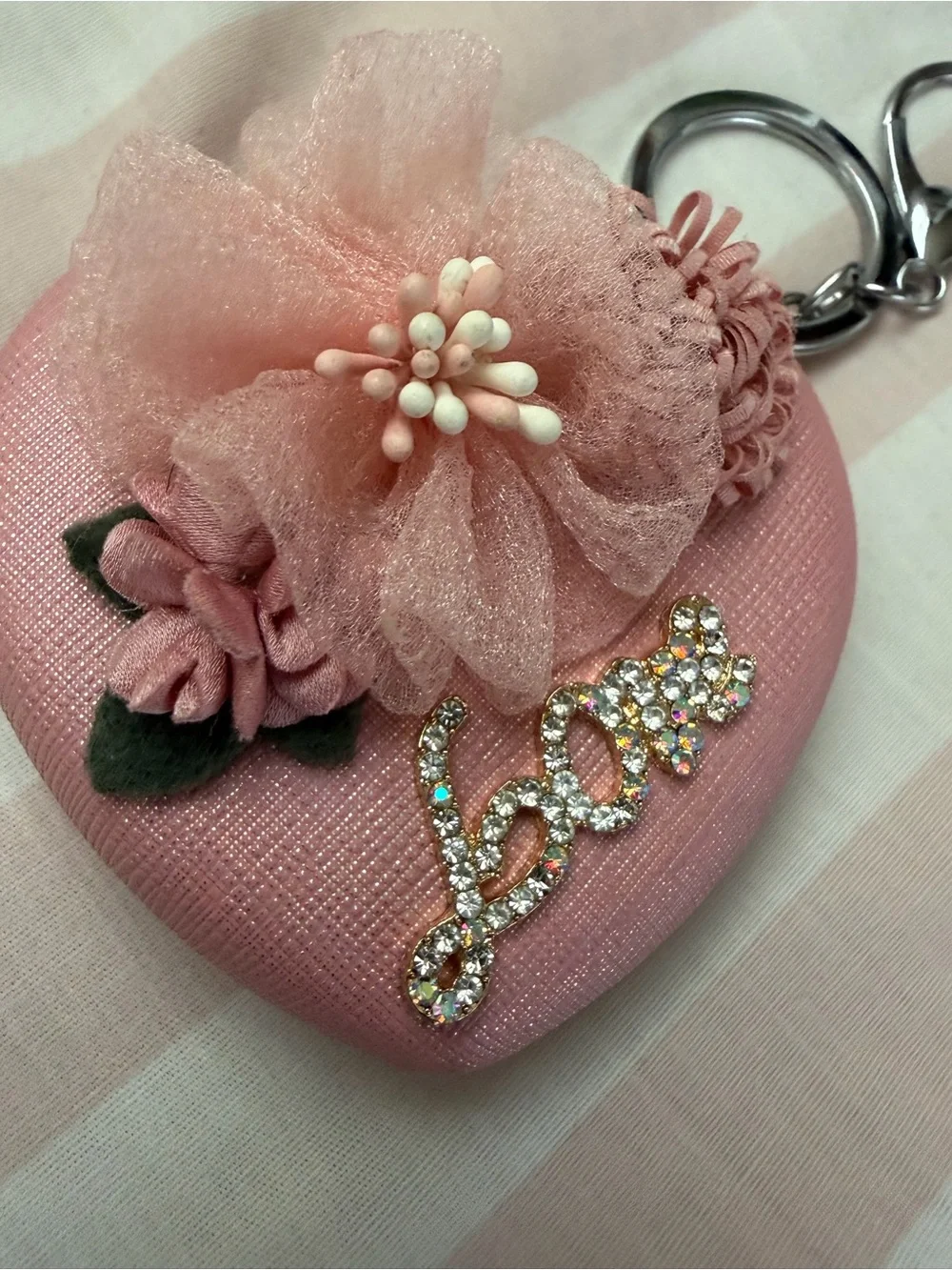 Pink Heart Floral 'Love' Keychain Charm